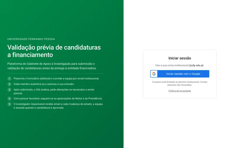 A página inicial de Candidaturas GAI
